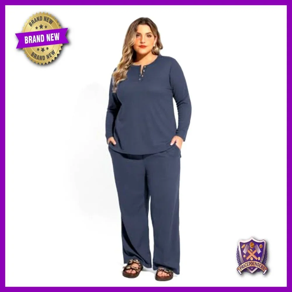 Plus Size Waffle Sweatsuit Set Long Sleeve Top Wide Leg Pants